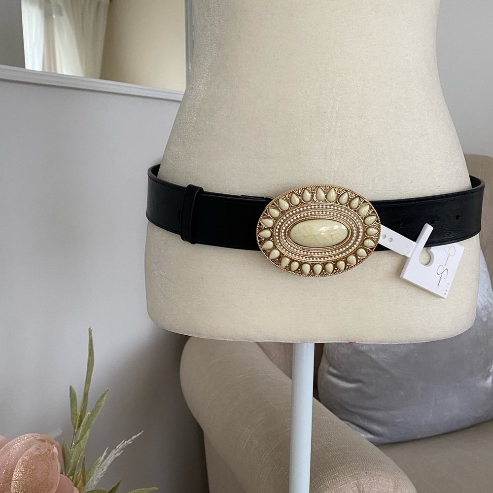 Elegant Black Belt with Cream Buckle
